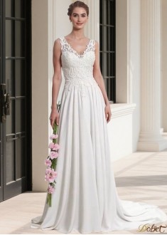 Chiffon V Neck Dropped Waist A-Line Wedding Dress with Lace Appliques