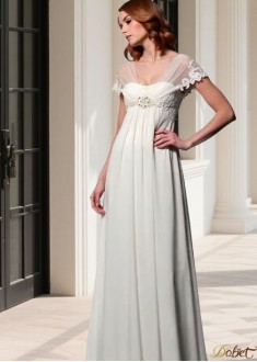 Empire Waist V-Neck Chiffon & Tulle Wedding Dress Short Cap Sleeve 