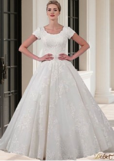 Plus Size Scoop Neck Tulle A-Line Wedding Dress with Short Sleeves