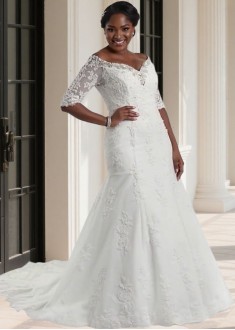 Off The Shoulder Plus Size Wedding Dress with 3/4 Illusion Sleeves and A-Line Silhouette