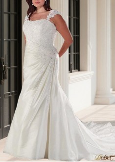 Plus Size Square Neck Taffeta Sheath Wedding Dress with Raised Waist