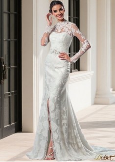Lace High Neck Long Sleeve Sheath Wedding Dress – Bridal Gown UK
