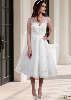 Short Wedding Dress V-Neck Sleeveless Tea-Length A Line Bridal Gown