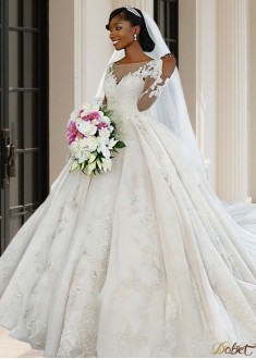 Bateau Long Sleeve Ball Gown Wedding Dress