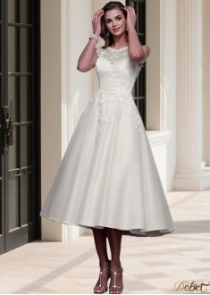 Tulle Jewel Neckline Tea Length Short Wedding Dress with Cap Sleeves