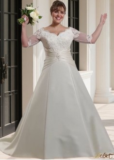 Off-the-Shoulder Plus Size A-Line Bridal Gown with 3/4 Illusion Sleeves