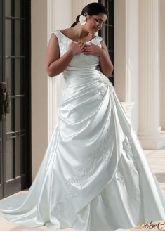 Plus Size V-Neck Full Length Wedding Dress for Brides with Appliques
