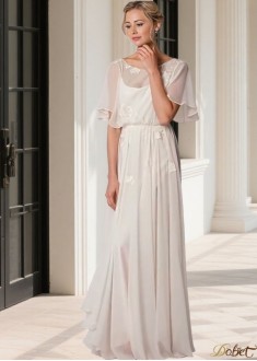 Chiffon Scoop Neck A-Line Beach Wedding Dress with Illusion Short Sleeves