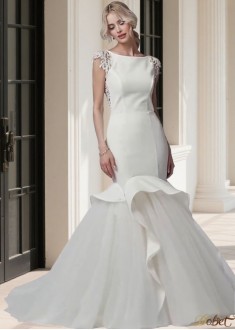Bateau Neck Satin Tulle Trumpet Wedding Dress with Cap Sleeves