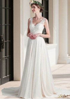 V-Neck Tulle Chiffon Wedding Dress Sleeveless with Lace Appliques