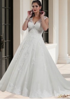 Elegant Plus Size V-Neck A-Line Wedding Dress with Cap Sleeves and Chapel Train