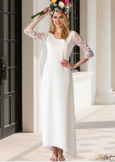 Chiffon Beach Wedding Dress Scoop Neck 3/4 Sleeves Ankle Length