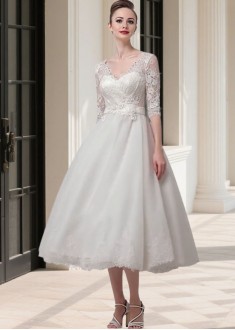 Elegant Tea-Length Tulle V-Neck Short Wedding Dress with Illusion Sleeves