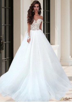 Bateau Neck Tulle Ball Gown Beach Wedding Dress
