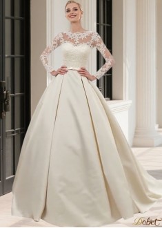 Elegant Long Sleeve Illusion Bateau Neck Tulle Satin Ball Gown Wedding Dress