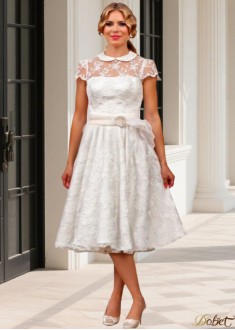 Lace & Organza High Collar Tea Length Short Wedding Dresses UK