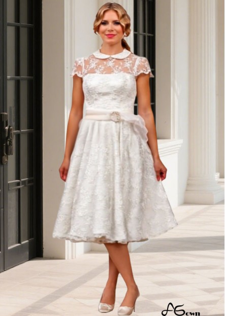Lace & Organza High Collar Tea Length Short Wedding Dresses UK