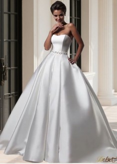 Elegant Satin Strapless A-Line Wedding Gowns UK with Chapel Train