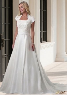 Queen Anne Satin Cap Sleeve A-Line Wedding Dress