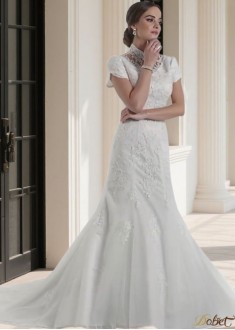 High Collar Mermaid Bridal Dresses with Short T-Shirt Sleeves 