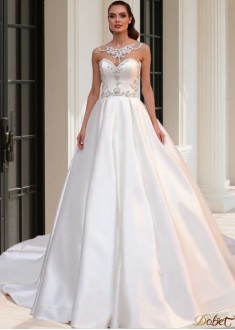 Elegant Scoop Neckline Tulle Satin A-Line Sleeveless Wedding Dresses