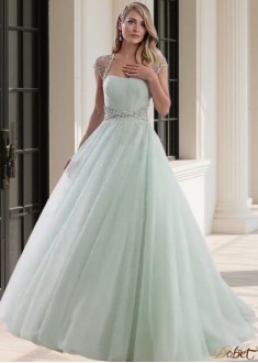 Strapless Tulle Ball Gown Wedding Dress with Short Sleeves and Beading