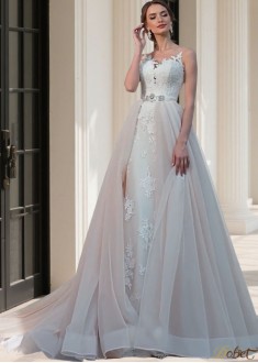 Elegant 2 in 1 Beach Wedding Ball Gown Tulle Jewel Neck Chapel Train Bridal Dress