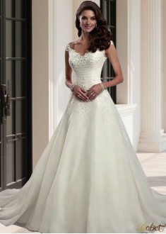 A-Line V Neck Chapel Train Wedding Dress