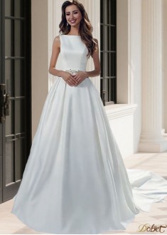White Satin Tulle Bateau Neck A-Line Cathedral Train Wedding Dress