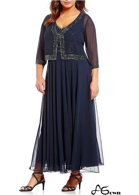 Elegant Navy V-Neck Ankle-Length Chiffon Mother of the Bride Dress