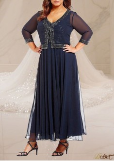 Elegant Navy V-Neck Ankle-Length Chiffon Mother of the Bride Dress