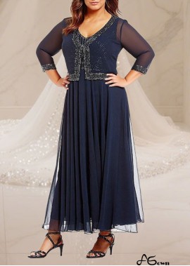Elegant Navy V-Neck Ankle-Length Chiffon Mother of the Bride Dress
