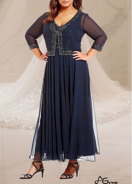 Elegant Navy V-Neck Ankle-Length Chiffon Mother of the Bride Dress