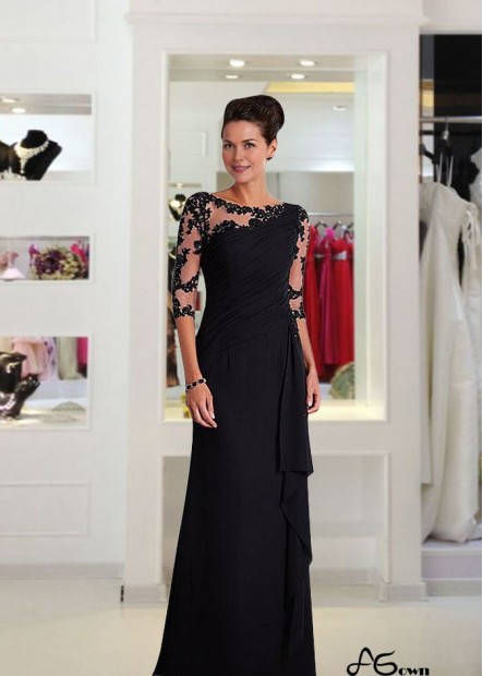 Elegant Black Full-Length Mother of the Bride Dress with Bateau Neckline