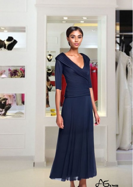 Navy Chiffon V-Neck Mother of the Bride Dress – Elegant Tea-Length A-Line Gown