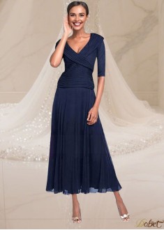 Navy Chiffon V-Neck Mother of the Bride Dress – Elegant Tea-Length A-Line Gown