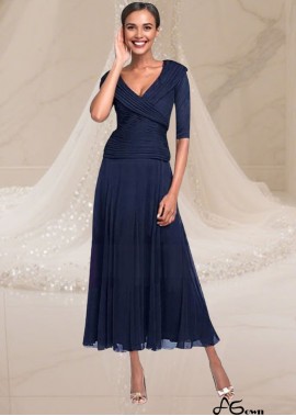 Navy Chiffon V-Neck Mother of the Bride Dress – Elegant Tea-Length A-Line Gown