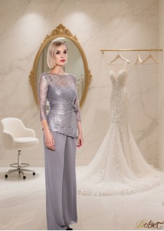  Lace Chiffon Mother of the Bride Pantsuit with Bateau Neckline and Illusion Sleeves