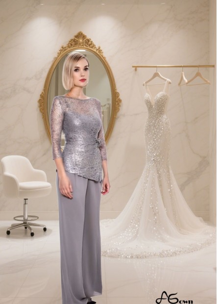 Full Length Lace Chiffon Mother of the Bride Pantsuit with Bateau Neckline and Illusion Sleeves
