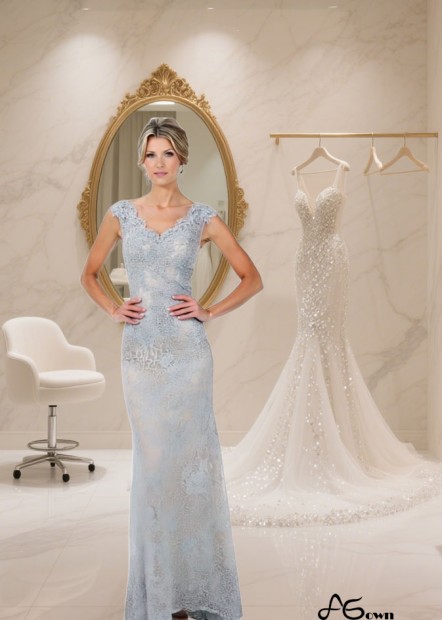 V Neck Lace Full Length Mother of the Bride Dress – Elegant Sheath Gown for Wedding