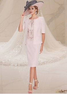 Pink Satin Mother of the Bride Dress with Jacket – Bateau Neck Knee-Length Sheath