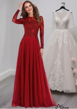 Red Tulle & Chiffon A-Line Mother of the Bride Dress with Jewel Neck and Illusion Sleeves