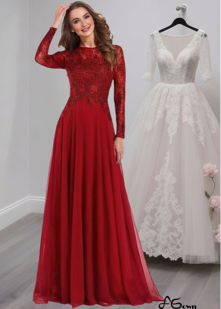 Red Tulle & Chiffon A-Line Mother of the Bride Dress with Jewel Neck and Illusion Sleeves