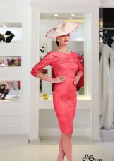 Red Satin Lace Mother of the Bride Dress with Illusion Sleeves – Knee Length Bateau Neck