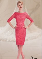 Red Satin Lace Mother of the Bride Dress with Illusion Sleeves – Knee Length Bateau Neck