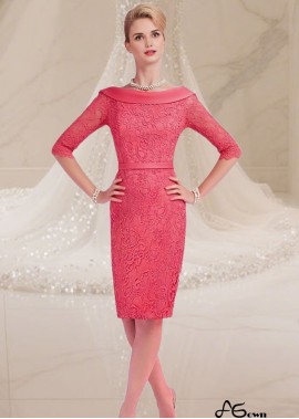 Red Satin Lace Mother of the Bride Dress with Illusion Sleeves – Knee Length Bateau Neck