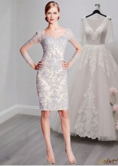 Knee-Length Tulle V-Neck Illusion Sleeve Mother of the Bride Formal Dress