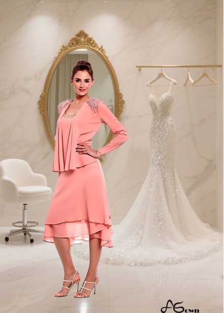 Mother of the Bride Tea-Length Scoop Neck Chiffon Dress — A-Line Wedding Guest Dress