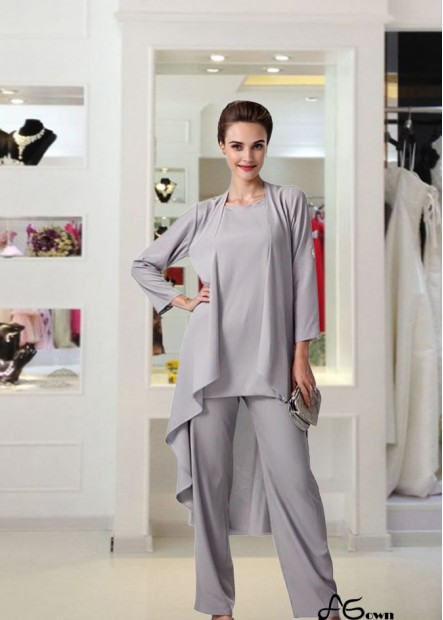 Elegant Gray Three-Piece Chiffon Mother of the Bride Pantsuit – Full Length with Jacket