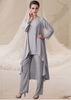 Elegant Gray Three-Piece Chiffon Mother of the Bride Pantsuit – Full Length with Jacket